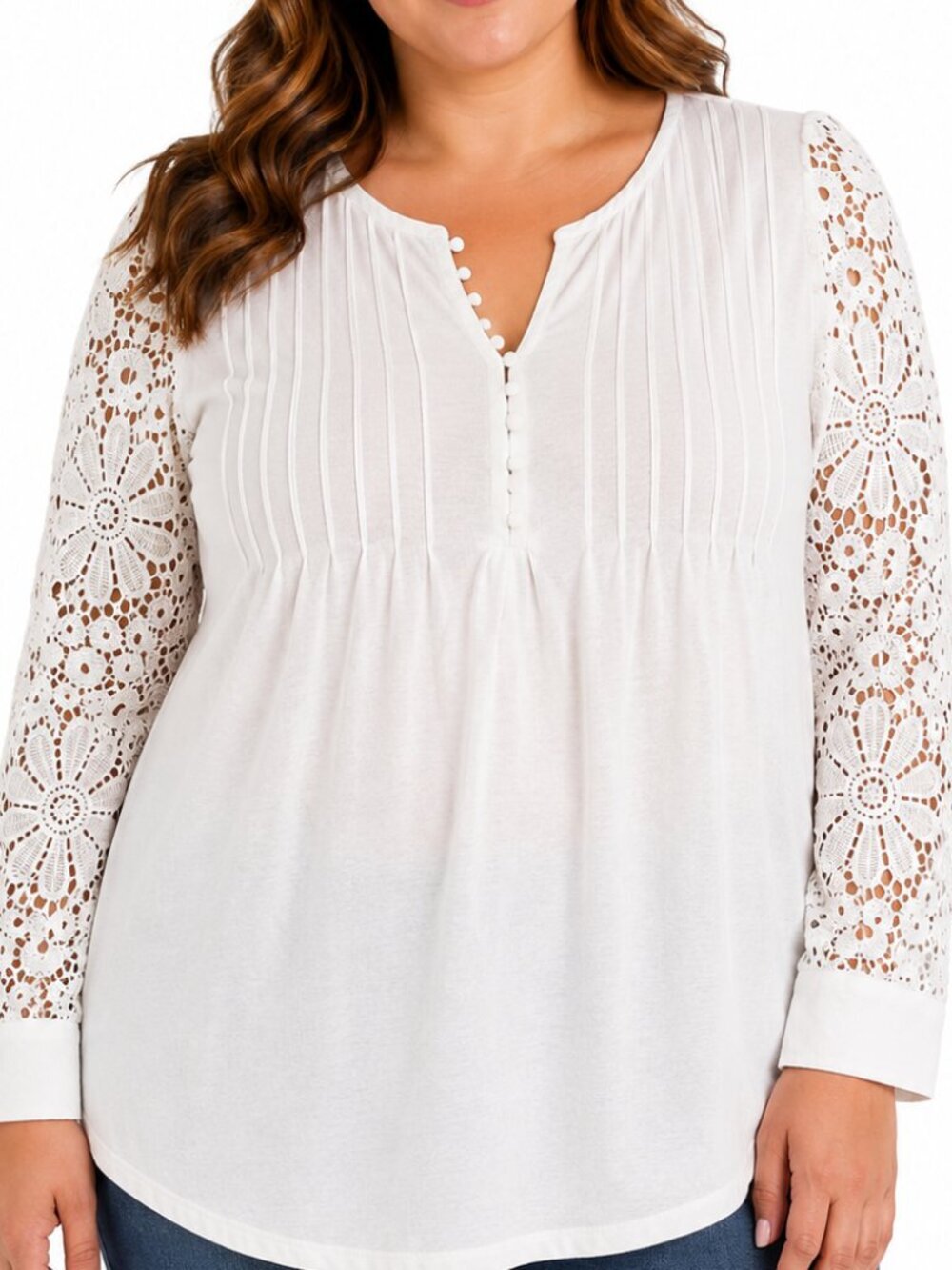 White Lace Sleeve Pintuck Blouse XL Acetate Boho Peasant Top Crochet Cottagecore